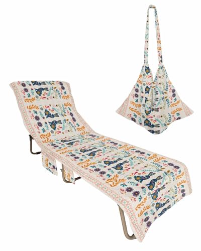 Spring Easter Beach Lounge Chair Towel Cover, Soft Chaise Lounge Towel with Side Pockets Patio Pool Chairs Cover for Beach/Pool Sunbathing 29x85 Ethnic Bunny Floral Botanical Rustic