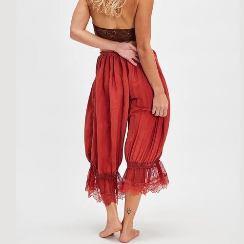 Image of KOSUSANILL Women Long Bloomer Pants Lace Trim Ruffle Pantaloons Cropped Lounge Pajama Bottoms Y2K Capri Pettipants