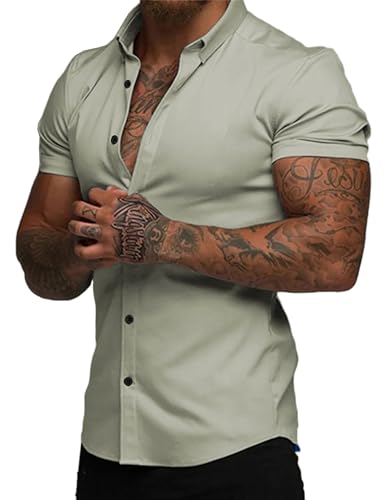 JMIERR Men's Muscle Fit Dress Shirts Summer Casual Button Down Short Sleeve High Stretch Wrinkle-Free Shirt