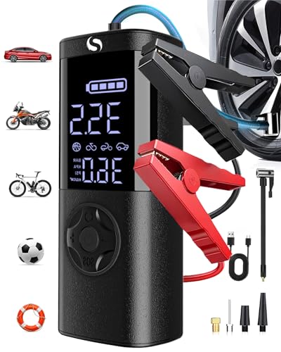 Image of Jump Starter with Air Compressor, Peak Car Jumper Starter Portable, Jump Box with Jumper Cables, for Cars and Motorcycles, LCD Display