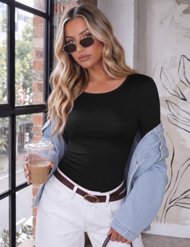 Ekouaer Long Sleeve Shirts for Women Scoop Neck Tight Slim Basic Fitted Top - image 2