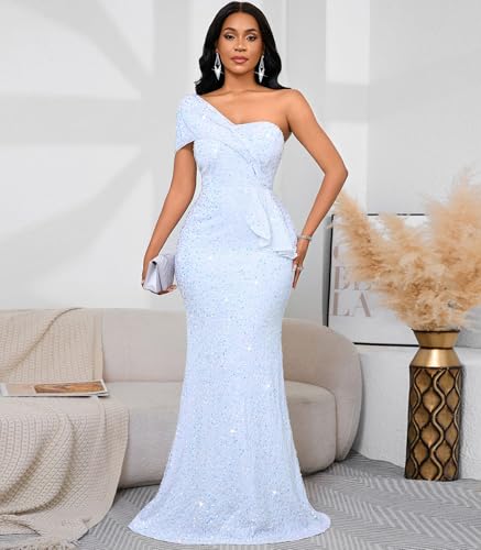 Image of Cololura Women Sexy Sequin One Shoulder Mermaid Formal Party Cocktail Gowns Bodycon Evening Maxi Dress