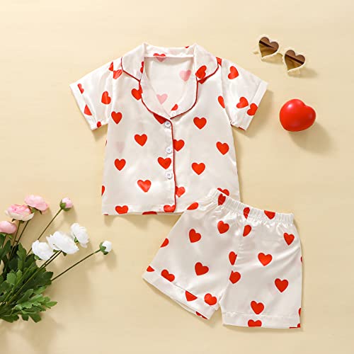 MAINESAKA Toddler Baby Girl Silk Satin Pajamas Valentines Day Pjs Heart Print Button Down Shirt Shorts/Long Pants Sleepwear2