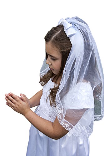 First Communion White Satin Bow Headband with Tulle Veil, 25 Inch - Main Image
