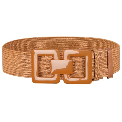 LEACOOLKEY Wide Elastic Straw Belt for Women Stretchy Woven Belt for Dresses & Tunics Fashion Boho Waist Belt Brown