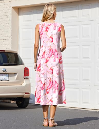 Image of HOTOUCH Summer Casual Dresses for Women Sleeveless Midi Dress Swing Tank Sundress Pleated Tshirt Dress with Pockets