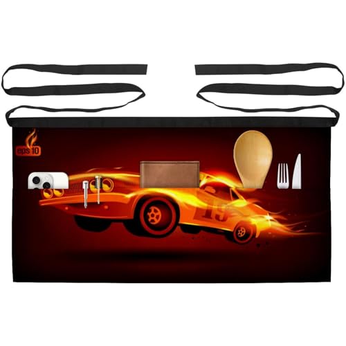 Lot de 3 demi-tabliers de cuisine courts style rétro imprimé voiture sport avec 3 poches