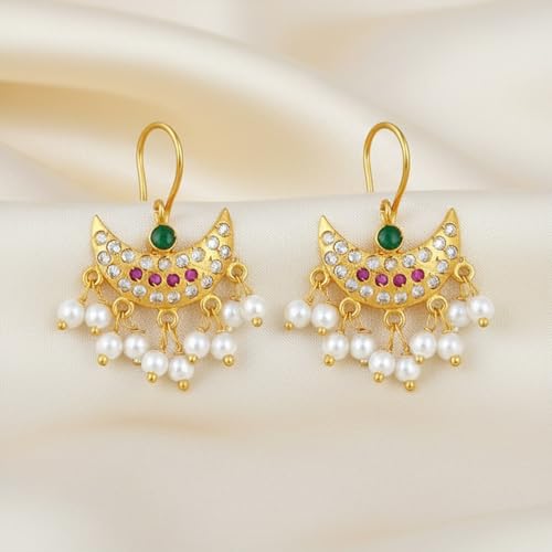 Image of VAMA FASHIONS 18K Gold Plated Anti Tarnish Half Moon Peacock Shape Traditional Maharashtrian Press on Bugadi Upper Ear Clip on Earrings For Women & Girls
