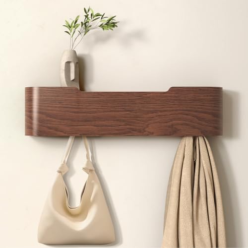 VERASCOT Wall Mounted Coat Rack with Shelf, Wooden Entryway Organizer with Hidden Metal Hooks for Hanging Coats Bags Keys, Modern Floating Shelf for Hallway Bathroom