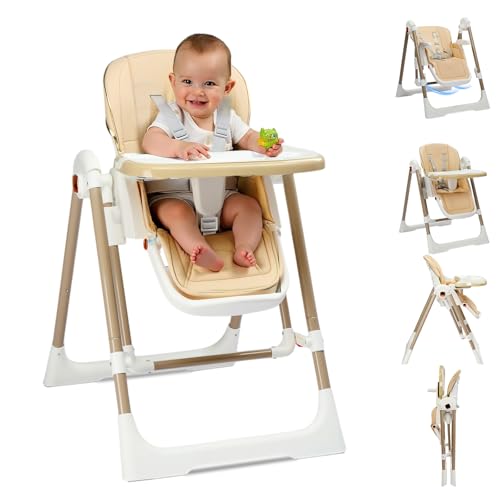 Ktaxon Folding Baby High Chair Adjustable Height Highchair with Backrest Dual-Layer Tray and 5-Point Safety Harness for Toddlers & Babies Beige
