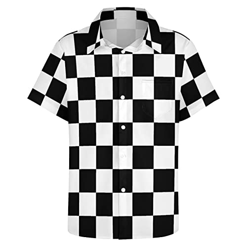Black White Race Checkered Flag Pattern Men's Short Sleeve Casual Loose Button Down Shirt Hawaiian Beach Shirt