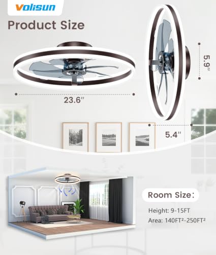 Image of VOLISUN Low Profile Ceiling Fans with Lights and Remote, 24in Flush Mount Ceiling Fans with Light, 3000K-6500K Dimmable Fandelier LED Fan Light, Brown Bladeless Ceiling Fans with Lights for Bedroom