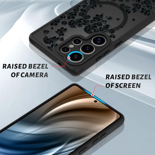 OOK Case Fit for Samsung Galaxy S25 Ultra 6.9 Inch (Wireless Charging Compatible) Black Floral Flowers Design Translucent Phone Cover Soft TPU + Hard PC Anti-Scratch Shockproof Magnetic Case for Women by OOK - Used condition - Image 3