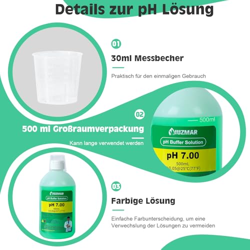 UIUZMAR pH 7.00 Kalibrierlösung, pH Pufferlösung 500ml für Präzise Kalibrierung von pH Messgerät, pH Tester Kalibrierflüssigkeit