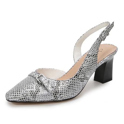 Women's Slingback Pumps Block Heel Big Pointed Toe Shape Snake PU Leather Sexy Dress Shoes