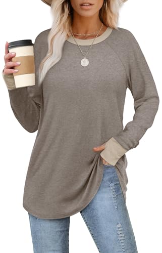Image of XIEERDUO Womens Tunic Tops to Wear with Leggings Long Sleeve Thumb Hole Shirts Crew Neck Curved Hem