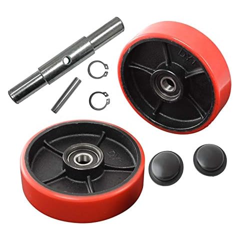 Pallet Jack/Truck Steering Wheels Set with Axle and Protective Caps (4 pcs) 7" x 2" with Bearings ID 20mm Poly Tread Red Cover