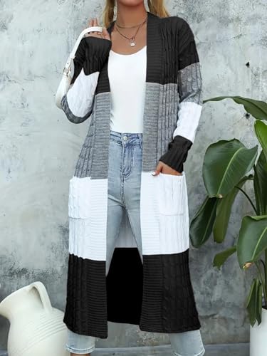 Womens Color Block Cardigan Sweater Long Duster Open Front Sweater in Chunky Cable Knit Plus Size Cardigan4