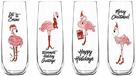 Elegant Flamingo Merry Christmas Happy holiday, 8oz Stemless Champagne glasses Set of 4, Champagne flutes, wine glasses Christmas gift For Wife, Husband, Mom, Dad, Girlfriend, Boyfriend, Friend