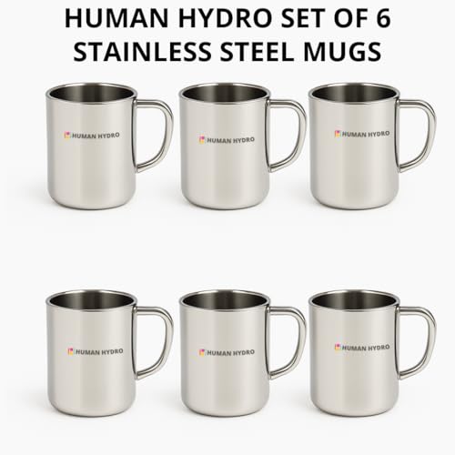 Image of Human Hydro Stainless Steel Mugs - Set of 6 (240 ml Each) | Tea Cups for Family | Rust-Free Coffee Mugs, Spill-Proof Rim, Durable & Hygienic