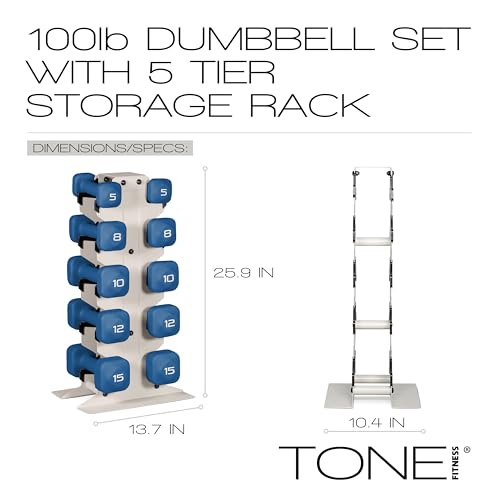 Image of Tone Fitness Neoprene Dumbbell Set with Storage Rack - Non-Slip, Anti-Roll Hand Weights for Home Gym Workouts | 20 lb, 32 lb, 50 lb, 60 lb & 100 lb Options
