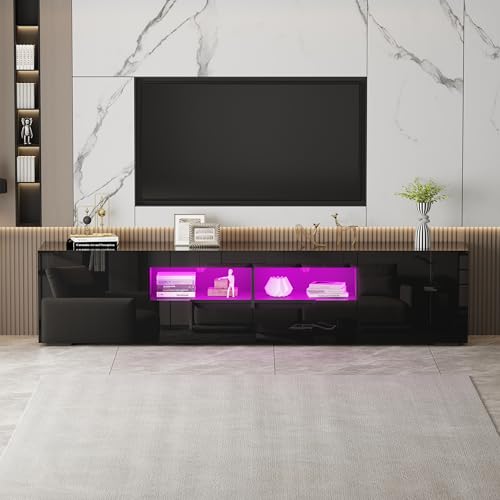 LSLIFE Modern 200cm High Gloss TV Stand Cabinet with RGB LED Lights, TV Cabinet for 65-85 Inch Television Living Room TV Unit with 2 Doors 2 Drawers 16 Colors Lights (Black) - Image 4