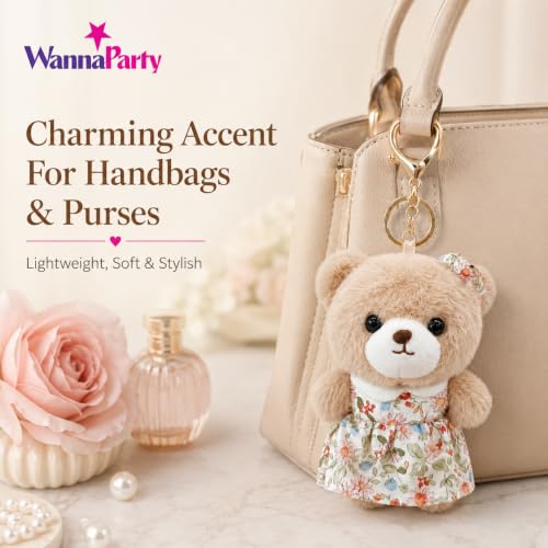 Image of Wanna Party Teddy Bear Plush Keychain, Cute Soft Bear Bag Charm with Floral Dress & Gold Metal Chain