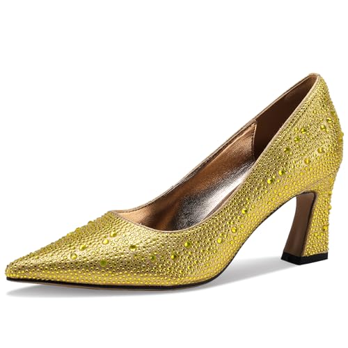 TDD High Heels for Women Glitter Pointed Toe Pumps Chunky Rhinestone Crystal Closed Toe Dressy Comfortable Sexy Elegantes Wedding Slip On Formal Prom Sparkly 3 Inch Shoes - Main Image