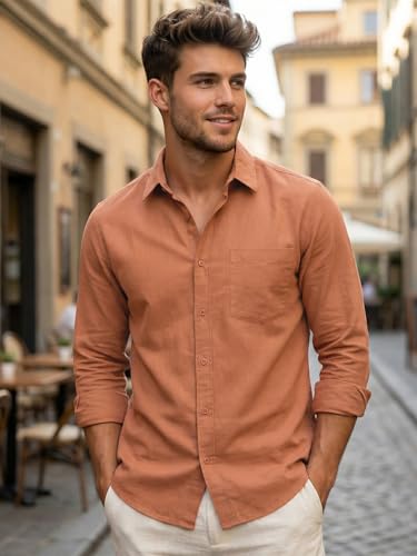 Image of Bewakoof Mens Solid Regular Fit Full Sleeve Collar Cotton Linen Blend Shirt