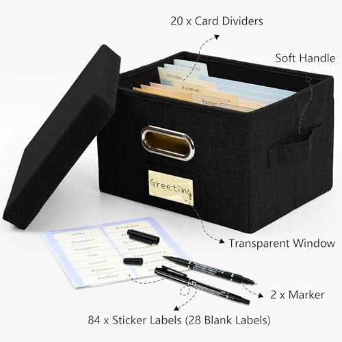Grußkarten-Organizer und Aufbewahrungsbox mit 20 Verstellbaren Trennwänden, Aufbewahrungskarton mit 3 Aufklebern, Perfekt zum Aufbewahren von Grußkarten, Umschlägen, Fotos, 1 Packung, Schwarz