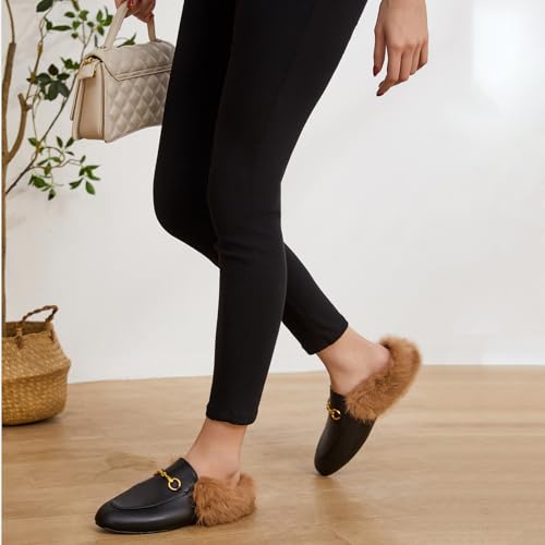 Vertundy Fur Mules with Matal Buckle Slip On Flats for Women Backless Sandals Dress Shoes Work Slides4