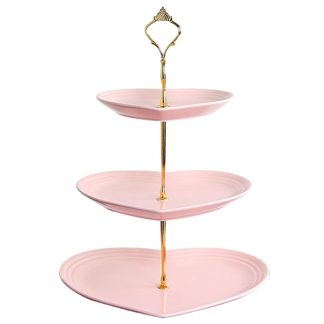 Meetoz Pink 3 Tier Ceramic Cake Stand,Tiered Serving Cake Stand,Decorative Tea Party Serving Platter, Tea Sandwich Tray For Party, Wedding, Candle Light Dinner (Heart-Shaped)