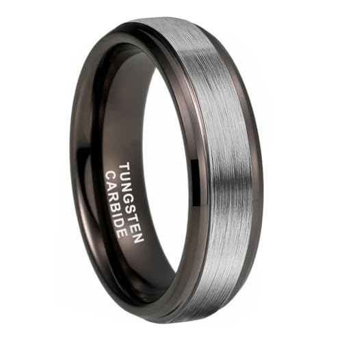 TUTISS 6mm Gunmetal Tungsten Rings for Men Women Fashion Engagement Wedding Bands Silver Brushed Top Stepped Beveled Comfort Fit Size 7