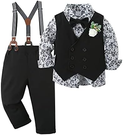 YALLET Toddler Baby Boy Clothes Suit Gentleman Wedding Outfits, Formal Dress Shirt+Bowtie+Vest+Boutonniere+Suspender Pants