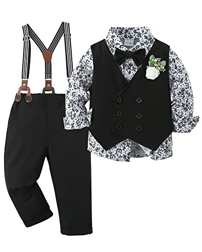 Image of YALLET Toddler Baby Boy Clothes Suit Gentleman Wedding Outfits, Formal Dress Shirt+Bowtie+Vest+Boutonniere+Suspender Pants
