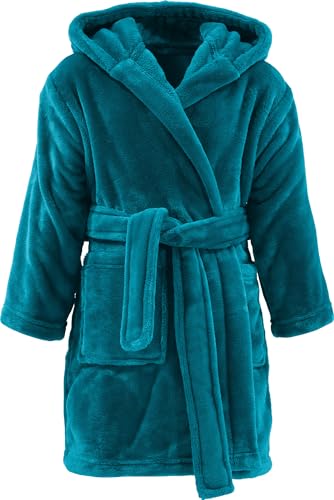 REDBEST Kinder-Bademantel Perris mit Kapuze Petrol Größe 134/140 - pures Kuschelvergnügen, samtweiche Qualität, schnell trocknend, mit Taschen, Gürtelschlaufen und Bindegürtel