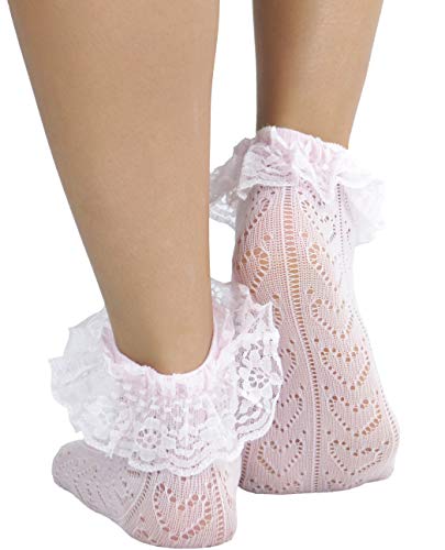 Image of ToBeInStyle Women's Indie Girl Ruffle Trim Heart Net Design Ankle High Fashion Socks