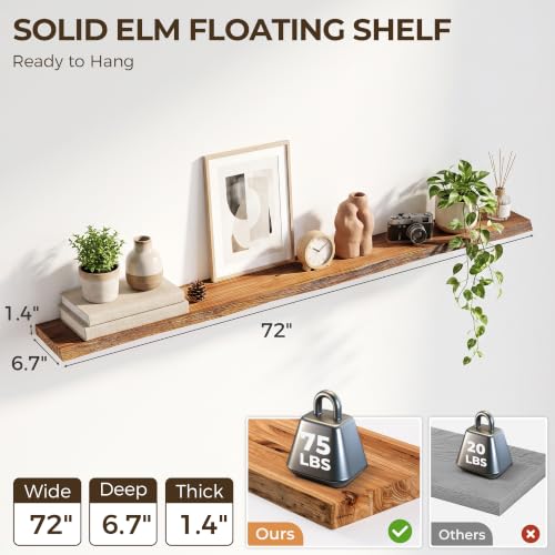 Image of Live Edge Elm Floating Shelves - 72 In Rustic Solid Wood Shelves with Heavy-Duty Invisible Bracket, Wall-Mounted Wooden Shelf for Living Room, Bathroom, Kitchen Storage & Display, Set of 1, Natural