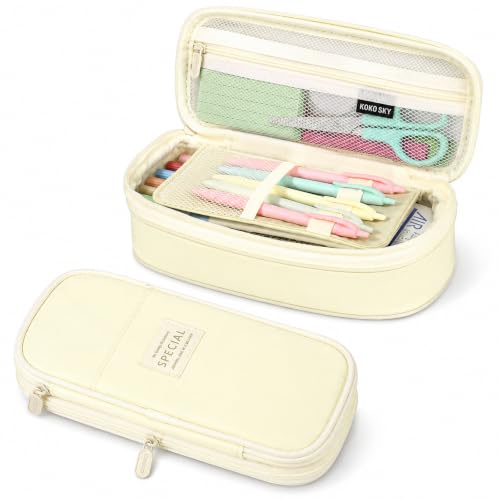Image of PUPTILY Pencil Case, Large Capacity Aesthetic Pencil Cases with Durable Zipper, Big Stationery Pencil Pouch for Women & Men, Adults Portable Storage Organizer Bag for College, Office, Travel (Beige)