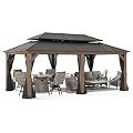 Sunjoy 12x20 ft. Wood Gazebo, Outdoor Patio Steel Hardtop Gazebo, Cedar Framed Wooden Gazebo with 2-Tier Metal Roof, Suitable for Patios, Lawn, and Backyard, Natural Wood Color