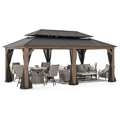 Sunjoy 12x20 ft. Wood Gazebo, Outdoor Patio Steel Hardtop Gazebo, Cedar Framed Wooden Gazebo with 2-Tier Metal Roof, Suitable for Patios, Lawn, and Backyard, Natural Wood Color