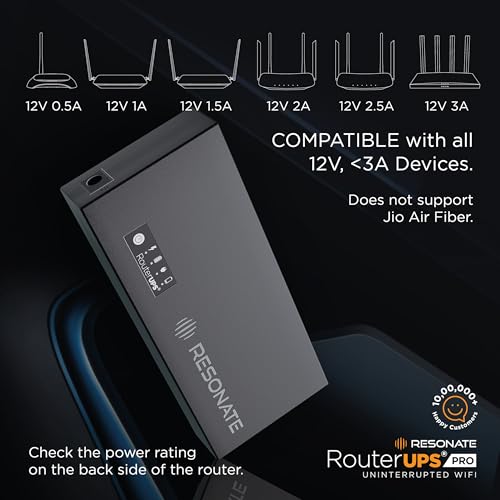 Image of Resonate RouterUPS Pro (100% Extra Backup) | 10400mAh Mini UPS Power Backup for 12V WiFi Router & Modem (Supports upto 3A) | Upto 8 Hrs with Multi-LED Indicator | Jio Fiber, Airtel Xstream Compatible