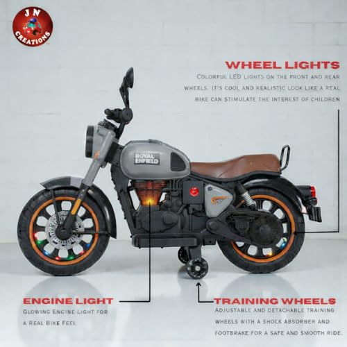 Image of BRoyal Enfield 12V Battery Operated Ride-On Classic-350 Bike for Kids | Rechargeable Electric Bike with LED Lights, Music & Horn | Ages 2-8 Years (Grey)