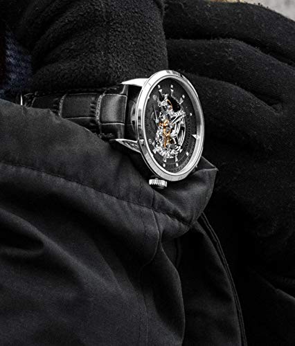 STUHRLING Original Mens Automatic Watch Skeleton Watches for Men - Black Leather Watch Strap Mechanical Watch Silver Executive Watch Collection