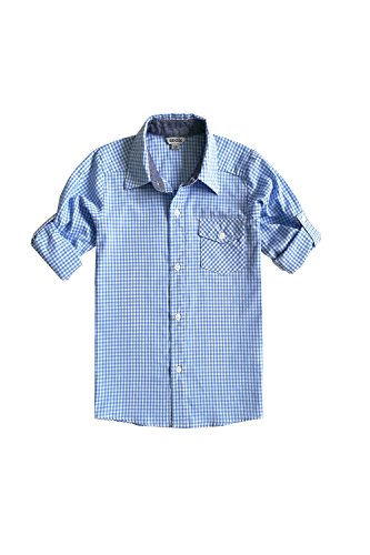 Bienzoe Boys Cotton Plaid Roll Up Sleeve Button Down Sports Shirts