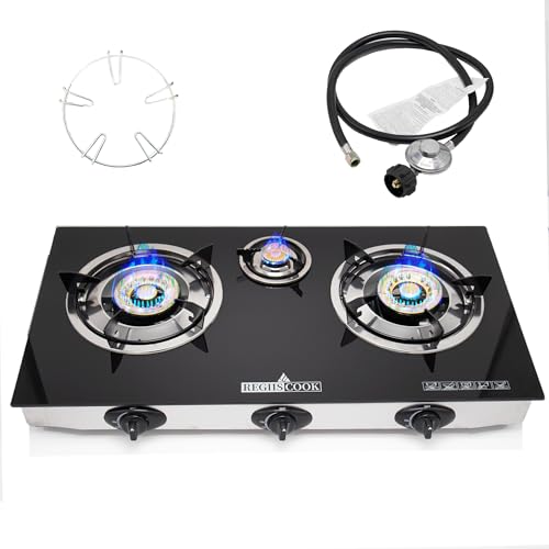 RegiisCook 3 Burner Propane Gas Cooktop,Camping Portable LPG Gas Stove, Auto Ignition Tempered Glass Countertop regulator burner grate
