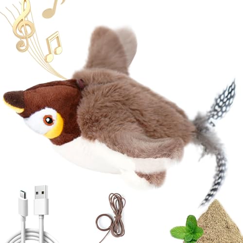 Vealind Flapping Bird Cat Toys Interactive Catnip Toy for Kitty, USB Rechargeable Touch Activated Electric Realistic Plush Catnip with Squeak Chirping Sound Kitten Toy for Indoor Cats