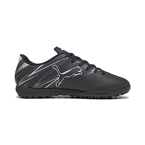 PUMA Attacanto Turf Training Soccer Cleats Sneaker, Black-Silver Mist, 5.5 US Unisex Big Kid Soccer player wearing the PUMA Attacanto Turf Training Soccer Cleats on a turf field