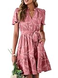 Simplee Womens Summer Dresses 2026 Casual Short Sleeve V Neck Empire Waist Belted A Line Flowy Vacation Dress Rust Pink,M