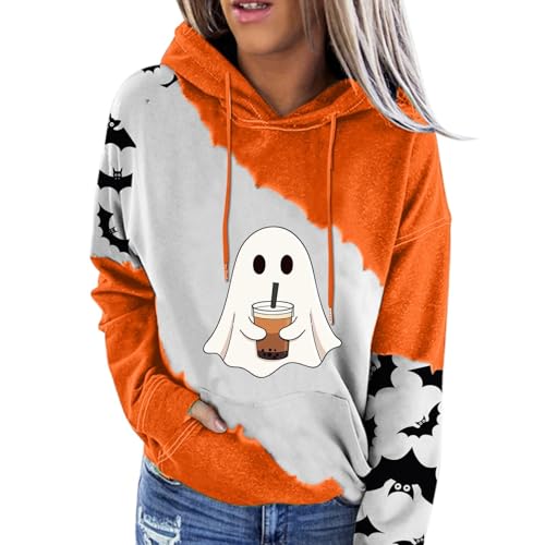 Image of Generisch Halloween Colour Print Pullover Hoodie with Drawstring Long Sleeve Casual Sweatshirt for Women Ideal for Leisure Office Holiday Festive Occasions, White, L